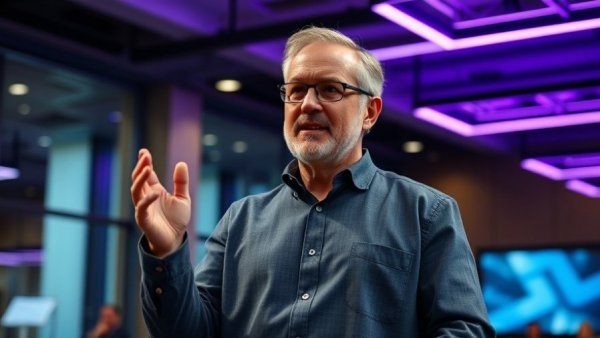 Middle-aged man gesturing confidently at a conference.