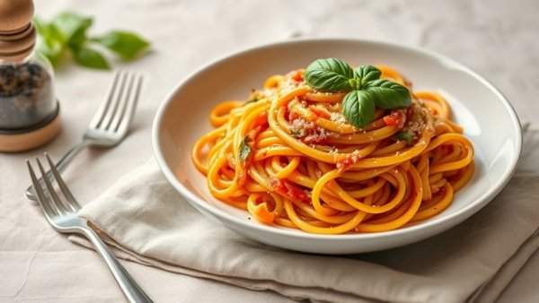 Homemade vegetable pasta sauce on a white plate with basil garnish.