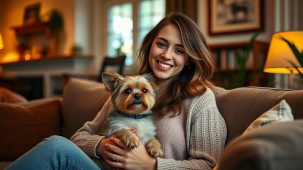 Woman with dog in cozy living room, English Bulldog history