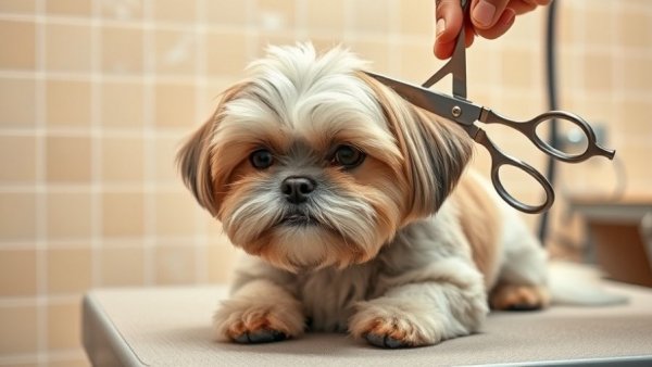 Dog grooming tips with Shih Tzu on grooming table.