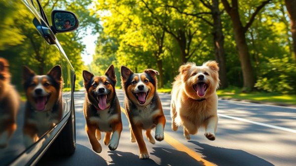 Playful dogs interacting with a moving vehicle on a sunlit road.