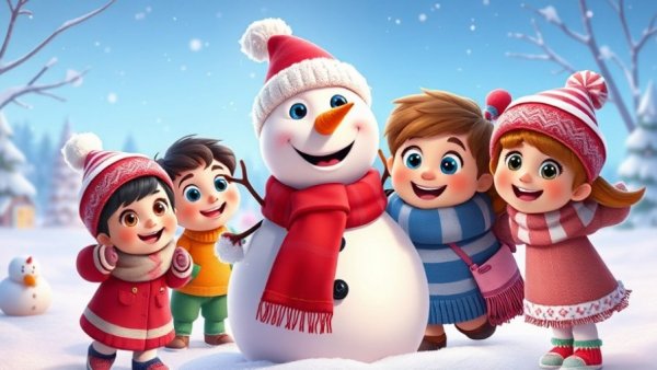 Children and snowman in winter landscape, playful cartoon.