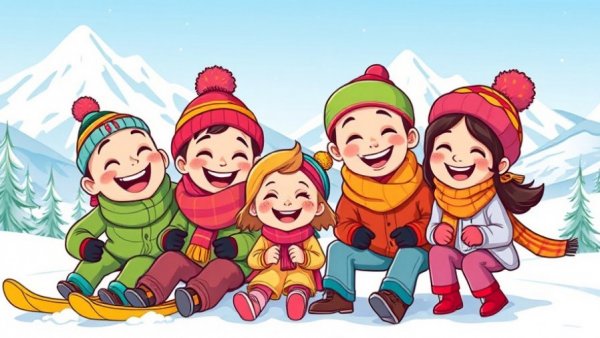 Children's Health cartoon family enjoying snowy vacation.