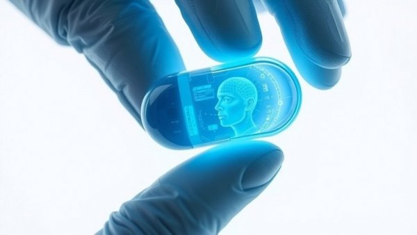 AI Generated Videos: Futuristic pill with digital face in gloved hand.