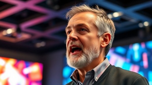 AI Will Change the Internet Forever: Enthusiastic speaker at tech conference.