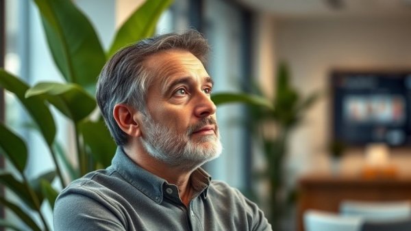 Man pondering AI tools 2026 in a modern office setting.