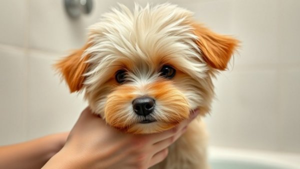 Calm small dog getting groomed in a tiled bathroom setting.