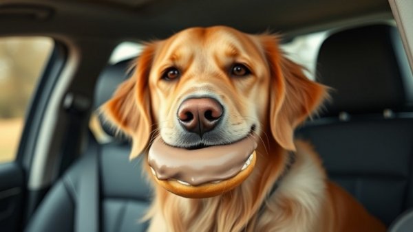 Funny Dog Moments: Golden retriever with a donut in its mouth inside a car.