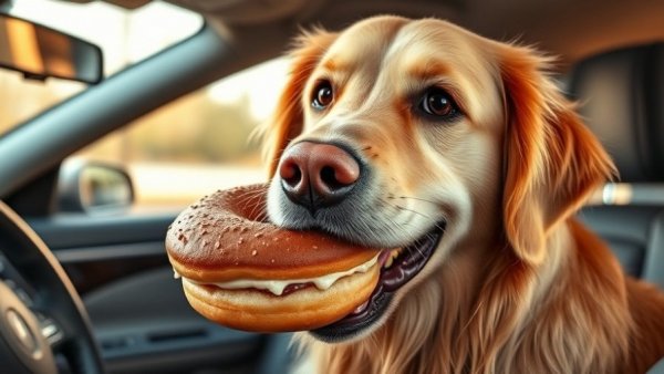 Golden retriever with donut, amusing pet moment in car for pet funniest videos.