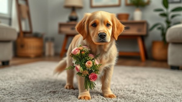 Golden retriever delivers flowers in a cozy home.