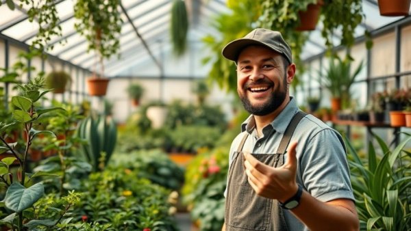Enthusiastic gardener in a greenhouse with fresh vegetables.