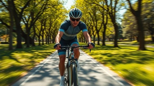 Cyclist focusing during ride in park, promoting family fitness.