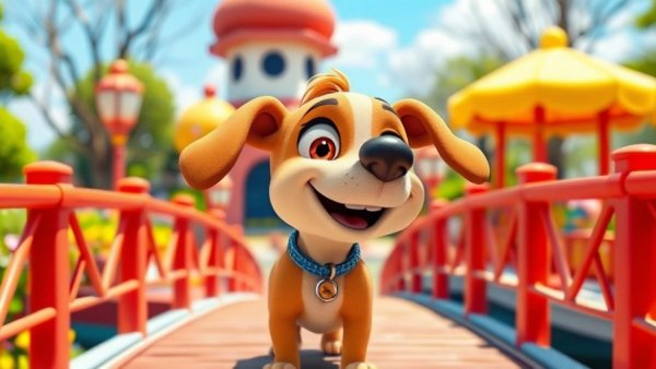 Colorful cartoon dog in park, pet cartoon for kids.