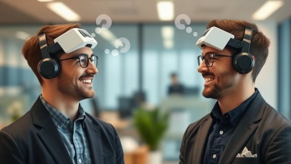 Men using wearable telepathy machine, exchanging thoughts.