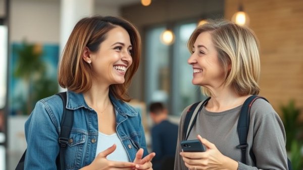 Cheerful woman engaging in a conversation, SEO Marketing context.