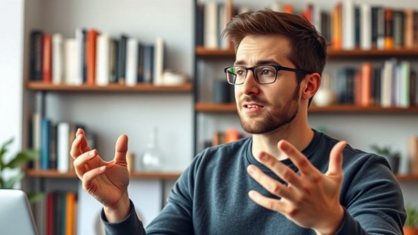 Young man explaining AI SEO marketing strategies online.