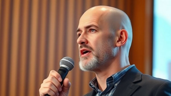 Bald man speaking at a microphone discussing Search Engine Optimization.