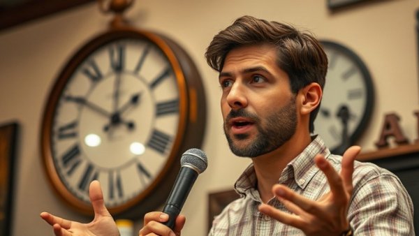 Man explains ChatGPT responses, vintage clock backdrop.