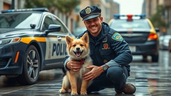 Police dog's hilarious antics in cheerful moment with officer.