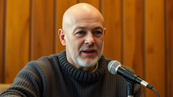 Bald man discussing SEO marketing with a microphone in a warm setting.