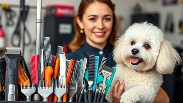 Dog clipper blades and guard combs with groomer and poodle.