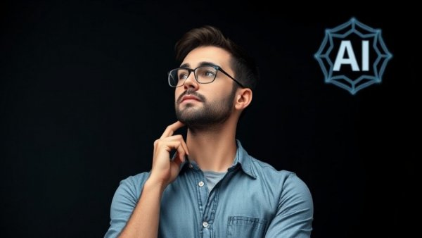 Man pondering AI tools in digital marketing on plain background.