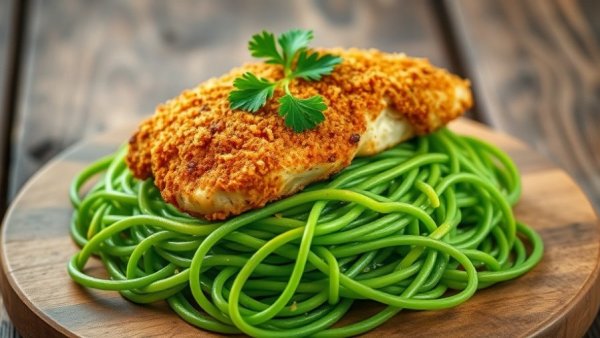 Mexican green spaghetti with breaded chicken on white plate, rustic background.