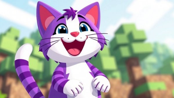 Hilarious pets cartoon with purple cat in Minecraft style.