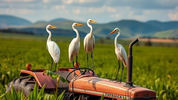 Egrets take center stage on Ohio farmer's tractor in green field.