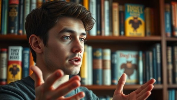 Young man discusses subverting expectations in storytelling, bookshelf backdrop.