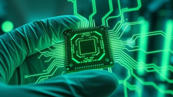 Futuristic chip in glove, green digital patterns, Quantum Computing Breakthroughs.