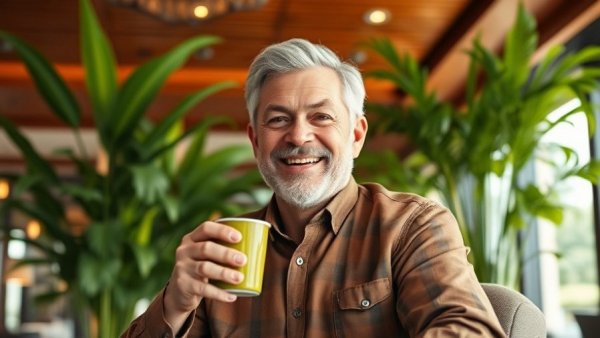 Smiling man holding a cup, highlighting healthy food benefits.