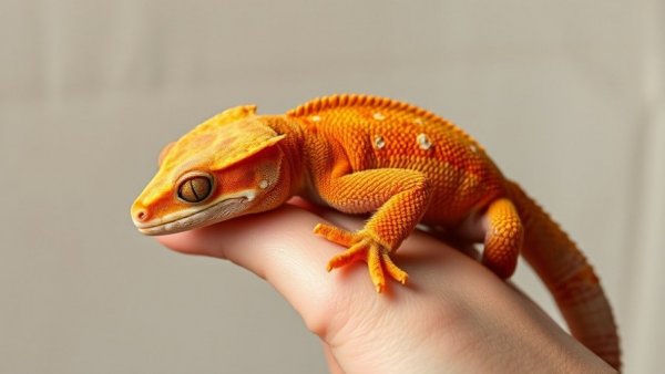 Vibrant Chocho Crested Gecko on a hand in natural light.