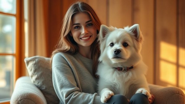 Young woman and fluffy white dog in a warm, cozy setting.