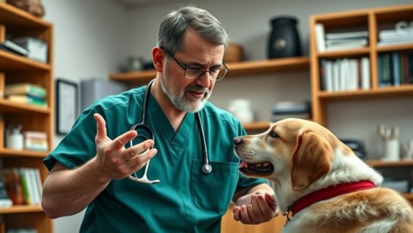 Veterinarian discussing dog diarrhea or constipation in clinic.