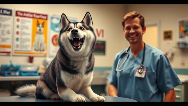 Dramatic Huskies: Husky howling beside smiling vet in clinic.