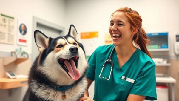 Funny dog video scene of laughing vet nurse and howling husky.