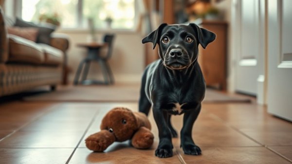 Black dog puzzled by toy in cozy home for Goober Awards for Pets.
