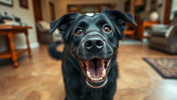 Dog funny moments: Confused black dog indoors, living room setting.