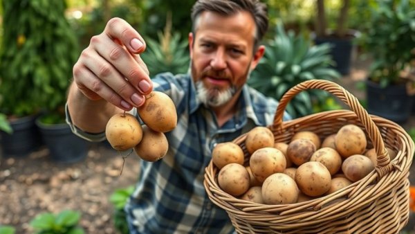 Man shares planting tips for potato harvests, outdoor setting.