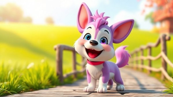 Colorful 3D cartoon pet with joyful expression outdoors.