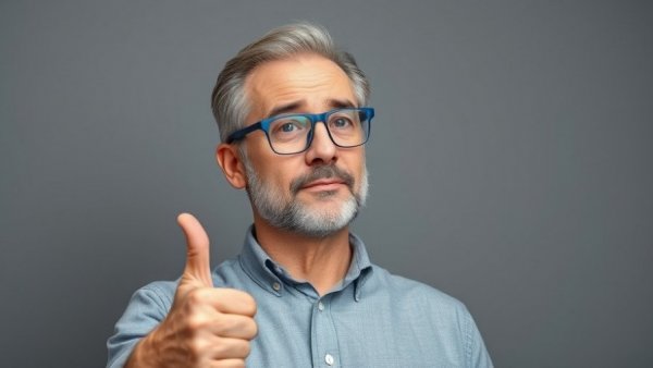 Middle-aged man with blue glasses giving thumbs up, neutral background.