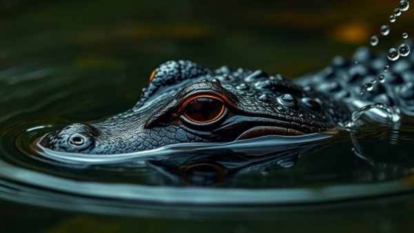Close-up of a baby alligator in water with droplets, photorealistic.