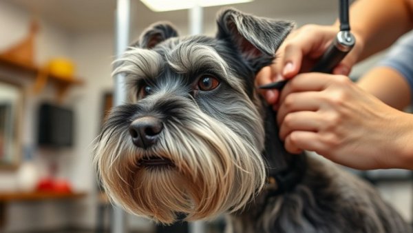 Schnauzer being groomed in a salon, illustrating pet care.