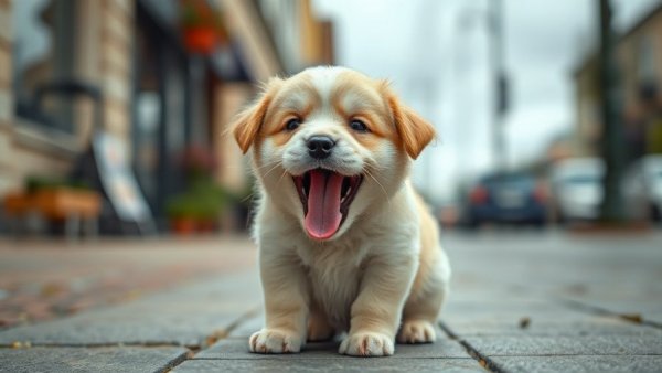 Adorable yawning puppy in a funny outdoor scene