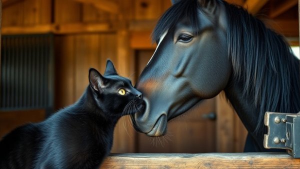 Cat and horse cuddle together warmly in a stable.