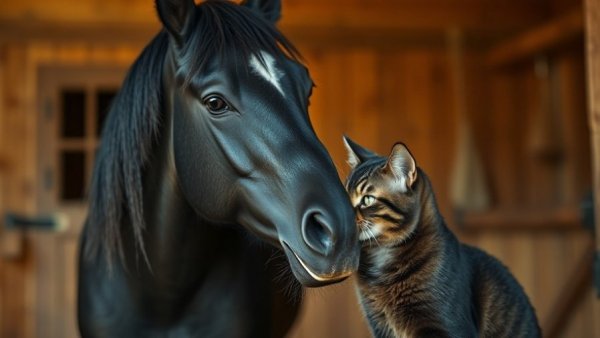 Cat and horse cuddle affectionately in a stable.