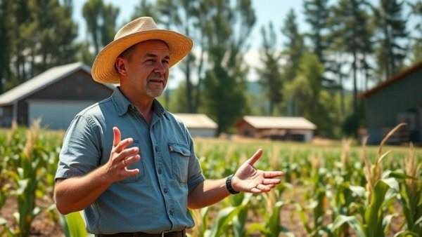 Man giving planting tips for sweet corn in a rural setting.