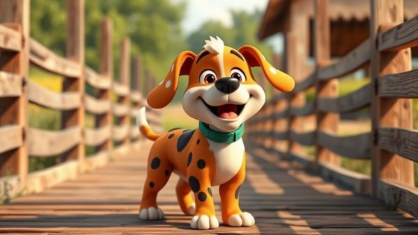 Funny pet cartoons featuring a playful spotted cartoon dog on a bridge.