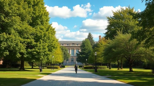 Ohio State campus walkway with lush trees and person.